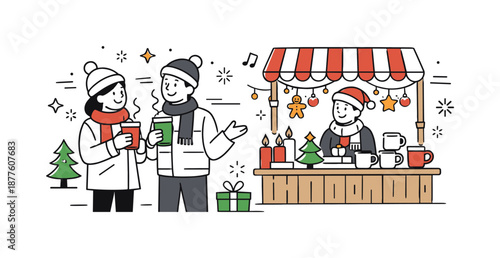 Christmas Market Stroll. Visiting Christmas market together. Couple or family browsing stalls with warm drinks in hand, relaxed conversation and shared festive