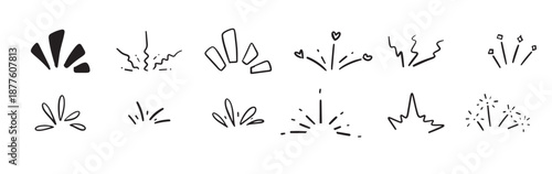 Hand drawn doodle sun shine, surprise, sunburst frame with pop confetti ornament element collection. Comic headline decoration light ray. Vector illustration.