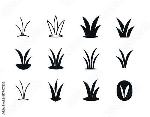 Grass Icon Set. Grass. Icon set. Set Logo of grass: sprouting meadow seed. harmonious logo variations of the same emblematic concept, each with different