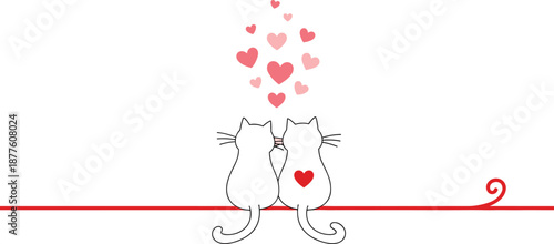 Cute White Cat Couple Silhouette in Love, Romantic Valentine’s Day Illustration with Pink Hearts, Minimalist Feline Wedding Decor, Transparent Background