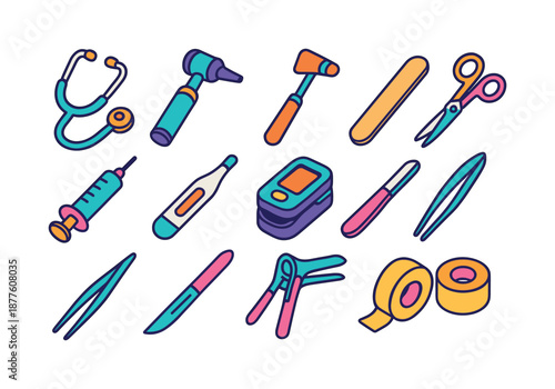 Colorful Doctor Tools Icons. Doctor?s tools. Colorful isometric vector icons set of doctor?s tools: stethoscope, otoscope, reflex hammer, tongue depressor,
