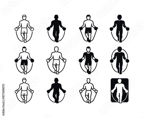 Boxing Workout Logos. Boxing fitness workouts. Icon set. Set Logo of boxing fitness workouts: jump rope. harmonious logo variations of the same emblematic