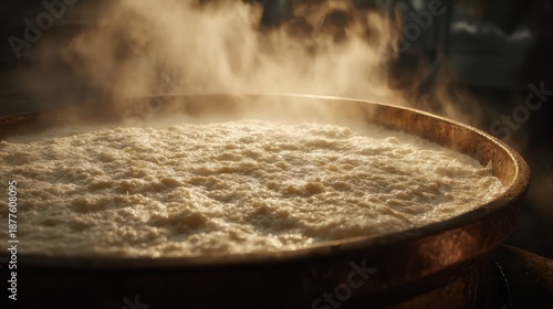 Steaming Brew: A close-up view of a large, circular vessel filled with a bubbling, steaming liquid, its rich texture and enticing aroma evoking a sense of traditional craftsmanship.