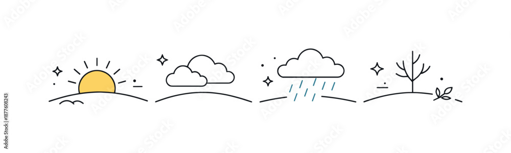 Fototapeta premium Seasonal Transition Illustration. Season change. Minimal horizon with sun, clouds, and light rain appearing in sequence, symbolizing shifting seasons. Peaceful