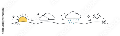 Seasonal Transition Illustration. Season change. Minimal horizon with sun, clouds, and light rain appearing in sequence, symbolizing shifting seasons. Peaceful