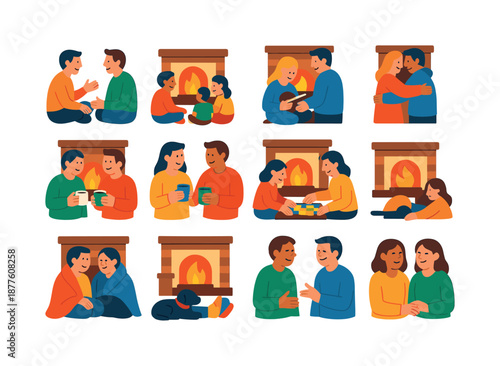 Cozy Fireplace Moments. Fireplace bonding. Colorful flat vector icons set of fireplace bonding: two friends chatting, family sitting circle, sharing stories,
