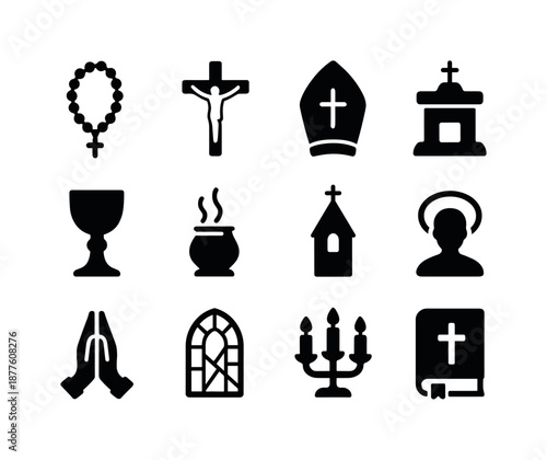 Catholic Icons Collection. Catholic imagery. Solid icon set of Catholic imagery: rosary, crucifix, pope hat, altar, chalice, incense, church tower, saint halo,