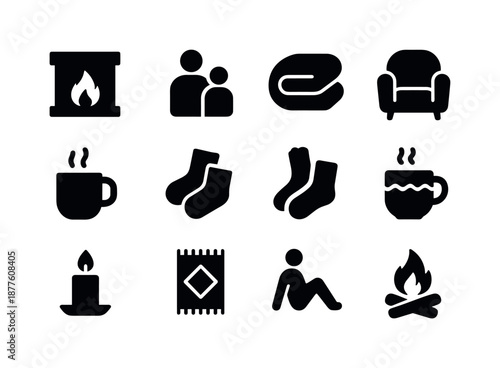 Cozy Winter Icons. Cozy winter scene. Solid icon set of cozy winter scene: fireplace flame, family icon, soft blanket, warm mug, wool socks, armchair, candle