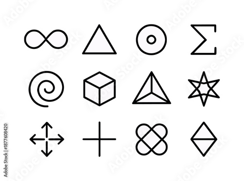 Geometric Icons Grid. Geometric symbols. Line icon set of Geometric symbols: infinity loop, delta triangle, circle dot, sigma mark simplified, spiral symbol,