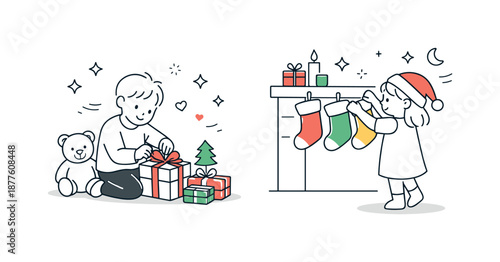Christmas Eve Anticipation. Christmas Eve traditions anticipation. Children preparing gifts or placing stockings with gentle excitement, calm movements and