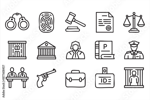 Law justice icons for court UI dashboards, legal management software
