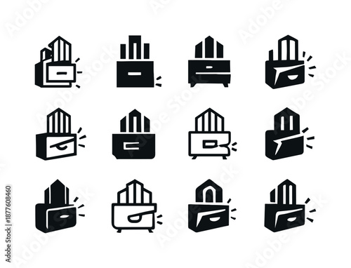 Building Drawer Logos. building opening a jammed drawer. Icon set. Set Logo of building opening a jammed drawer: tight drawer with tension marks. harmonious