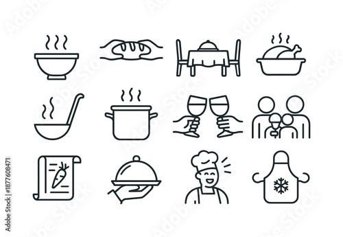 Winter Meal Icons. Winter meals together. Line icon set of Winter meals together: hot soup bowl, shared bread, festive table, roasting pan, ladle serve,