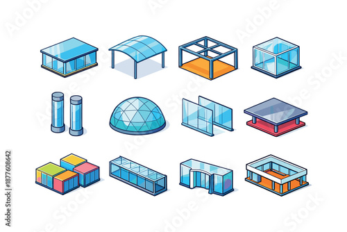Modern Pavilion Icons. Modern Pavilion. Colorful isometric vector icons set of Modern Pavilion: glass pavilion, transparent canopy, open frame hall, glass cube