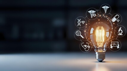 Glowing light bulb with medical healthcare icons floating around representing innovation in medicine and digital health technology solutions.