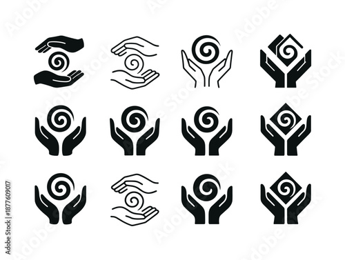 Therapeutic Touch Icons. Therapeutic touch. Icon set. Set Logo of therapeutic touch: calming energy swirl. harmonious logo variations: Filled silhouette,