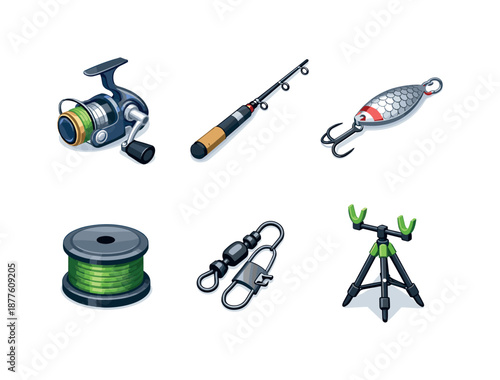 Fishing Gear Icons. Spinning Gear. Isometric flat vector icons set of Spinning Gear: spinning reel, carbon fishing rod, metal spoon lure, braided line spool,