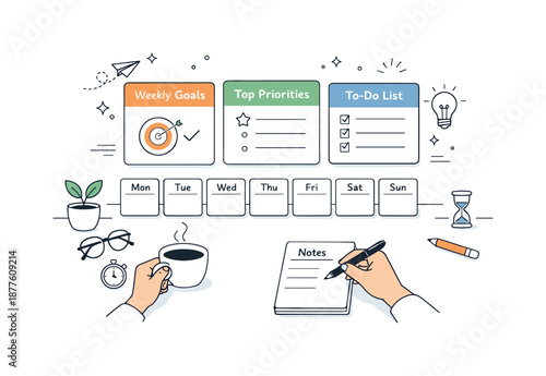 Calm Weekly Planning. Weekly planning routine. Calm scene of setting weekly goals with cards laid out in a clear structure. Sense of rhythm, balance, and