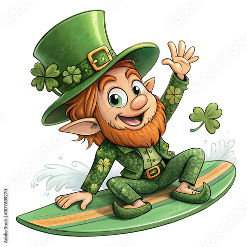Cheerful leprechaun riding green surfboard with shamrocks on st patrick's day