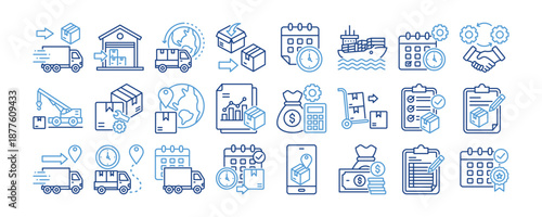Logistics Management icon collection. Containing design Delivery, Fulfillment, Cross border, Package, ETA