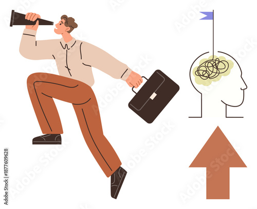 Business strategy, career growth, leadership, goal setting, problem solving, forward thinking. A man holding a briefcase uses a telescope alongside symbols of clarity and direction. Business strategy