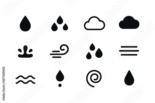 Rainy Day Icons. Rainy Day symbols. Solid icon set of rainy day symbols: raindrop single, raindrop trio, cloud outline, cloud filled, splash mark, swirl wind,