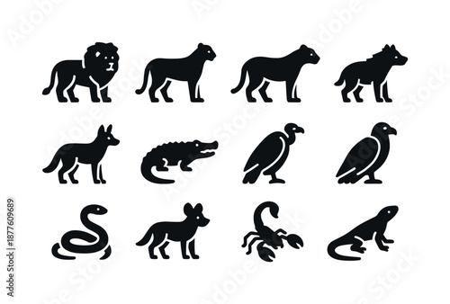 Savanna Predator Icons. Savanna Predators. Solid icon set of Savanna Predators: lion, cheetah, leopard, hyena, jackal, crocodile, vulture, eagle, snake, wild