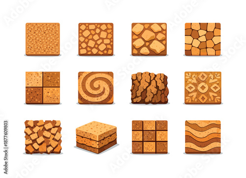 Cork Texture Icons. Cork textures. Colorful flat vector icons set of cork textures: fine-grain cork, medium-grain cork, coarse cork, cork mosaic, cork tile