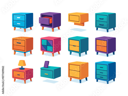 Modern Nightstand Icons. Modern nightstand. Colorful flat vector icons set of Modern nightstand: glossy cabinet, push-to-open drawer, floating nightstand,