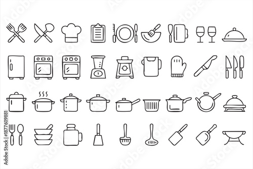 Cookware line graphics for meal planning software, nutrition dashboards