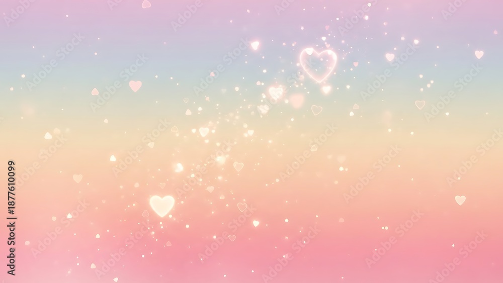 Obraz premium Soft pastel background with floating hearts and sparkling light effects