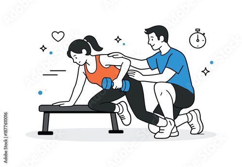 Trainer Correction Focus. Personal trainer correction. Trainer gently adjusting posture while client performs an exercise. Careful attention to form and