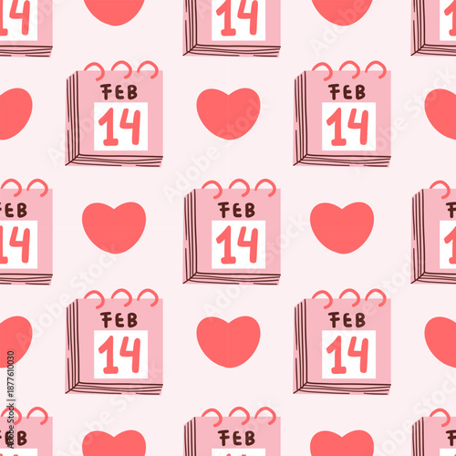 Seamless pattern of pink desk calendars with heart shaped Feb 14 dates on a clean pink background. Cute romantic design for wrapping paper, textiles, stationery, party decor and Valentine themes