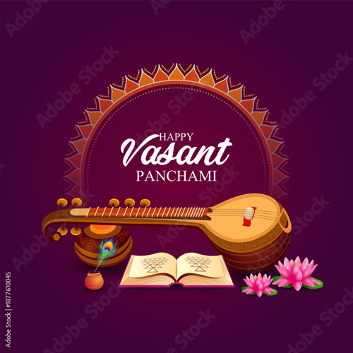 illustration of Vasant Panchami Saraswati Puja Indian festival background