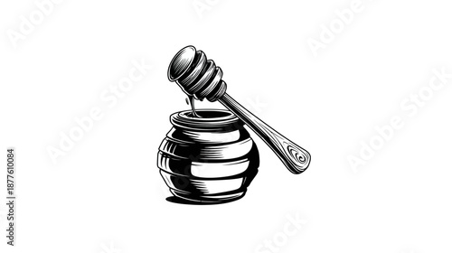 Black and white illustration of a honey pot with a dipper, set against a plain background