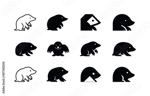Mole Logo Variations. Mole. Icon set. Set Logo of mole: mole animal silhouette. harmonious logo variations of the same emblematic concept, each with different