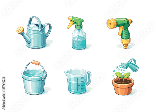 Playful Watering Icons. Watering tools. Isometric flat vector icons set of Watering tools: metal watering can, plastic spray bottle, hose nozzle, bucket with