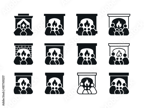 Cozy Fireplace Icons. People enjoying a warm fire in the fireplace. Icon set. Set Logo of people enjoying a warm fire in the fireplace: family by firelight.