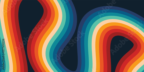 Abstract colorful 70s background vector. Vintage retro style wallpaper with lines, rainbow wavy stripes. 1970 color illustration design suitable for poster, banner, decorative, wall art.