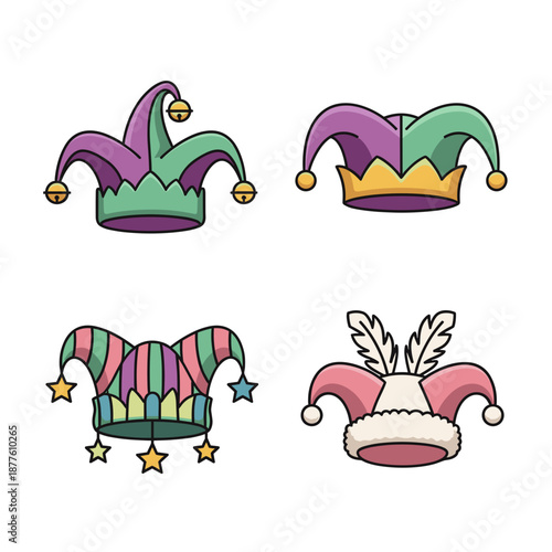 Colorful jester hats collection, festive costume accessories and carnival celebration in party design