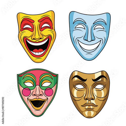 Colorful theatrical masks for comedy and drama, performing arts and emotion expression in theater
