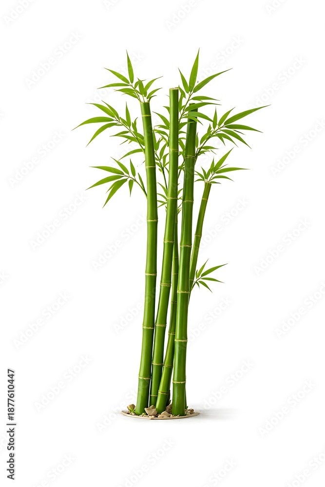 Fototapeta premium Bamboo Plant with Green Stems and Leaves on White Background