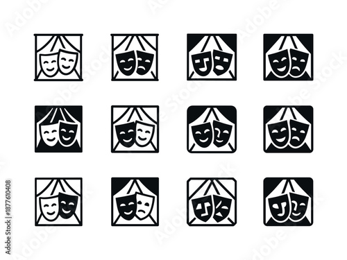 Theater Masks Logo Collection. A live theater performance with actors wearing masks. Icon set. Set Logo of A live theater performance with actors wearing
