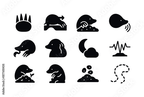 Mole Behavior Icons. Mole behavior. Solid icon set of mole behavior: digging paws, tunneling arrow, soil push motion, sniffing nose, hunting worm, listening