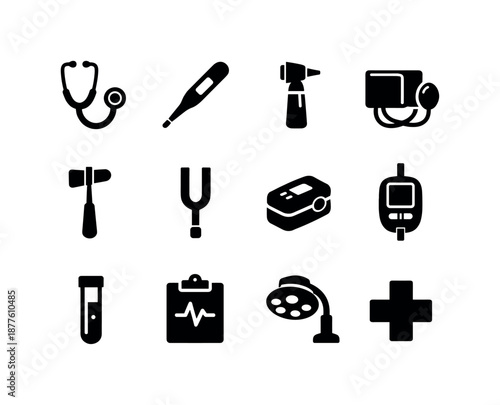 Medical Tools Icons. Medical diagnostic tools. Solid icon set of medical diagnostic tools: stethoscope, thermometer, otoscope, blood pressure cuff, reflex