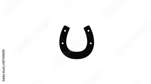 A black, horseshoe-shaped symbol with nail holes, set against a plain, white background