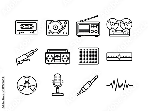 Vintage Audio Icons. Vintage audio. Line icon set of Vintage audio: cassette tape, vinyl player, old radio, reel-to-reel icon, record needle, boombox outline,