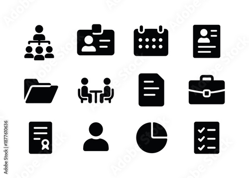 HR Icons Grid. HR management. Solid icon set of HR management: team structure, ID card, calendar, resume, folder, interview icon, document,