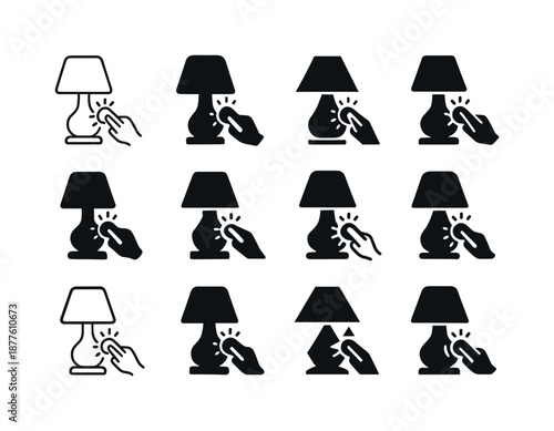 Mood Lighting Icons. Creating mood lighting with a dimmer. Icon set. Set Logo of creating mood lighting with a dimmer: touch lamp. harmonious logo variations
