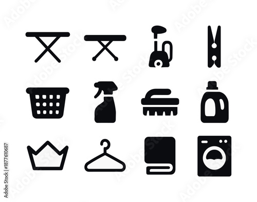 Laundry Tools Icons. Laundry tools. Solid icon set of Laundry tools: drying rack, ironing board, steamer, clothespin, basket, spray bottle, brush, detergent,
